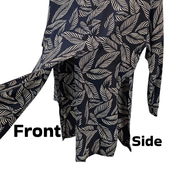 Jeannene Booher Silk Leaf Print Shirt Womens Sz 14 Black Button Up Split Hem - Picture 10 of 12